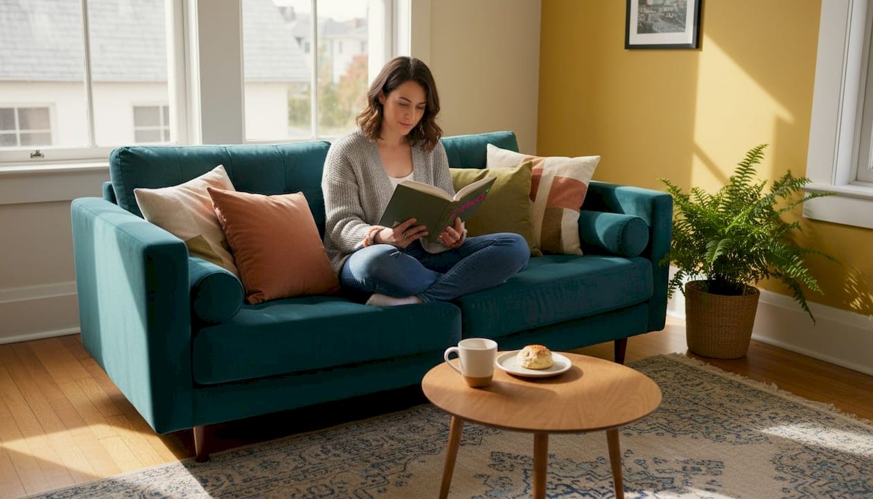 Woman reading in vibrant colourful living room