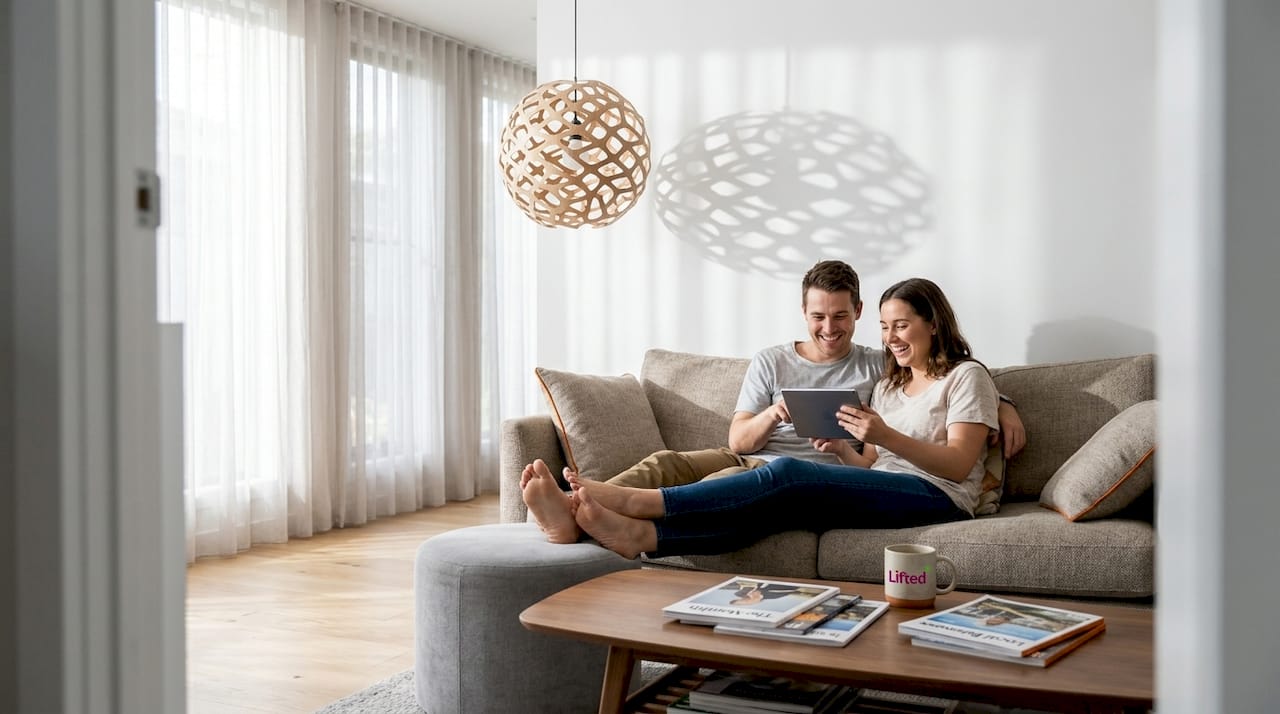Modern living room with sculptural pendant light