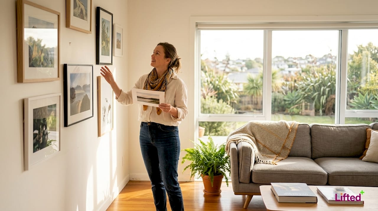 Woman curating art in Auckland living room