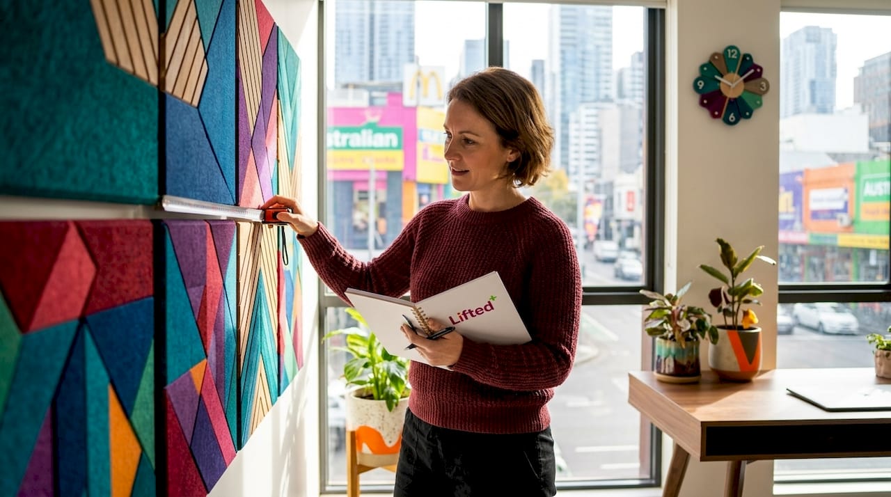 Woman measuring decorative acoustic wall panels