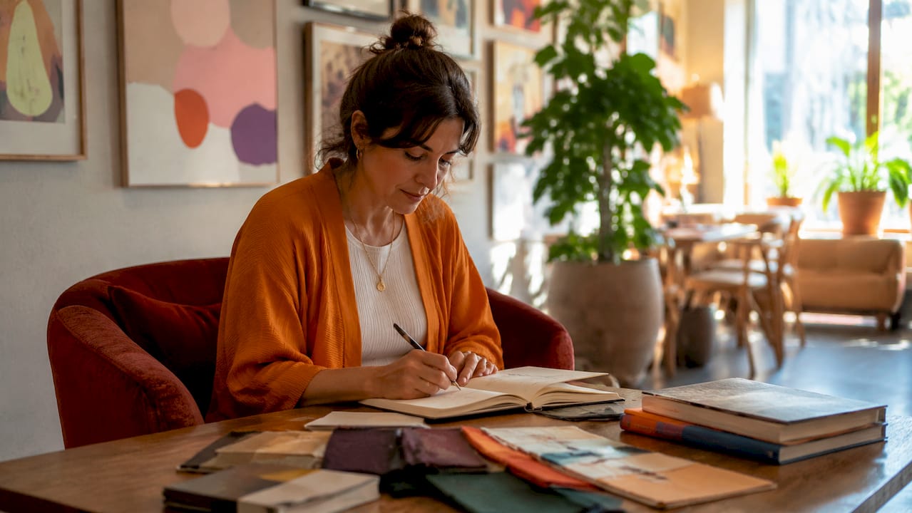 Designer sketching in vibrant living room