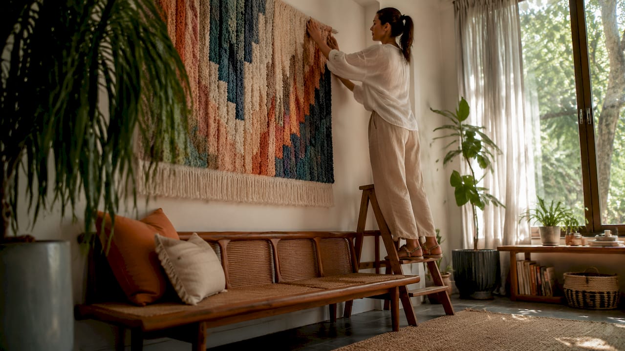 Woman hanging oversized art in living room