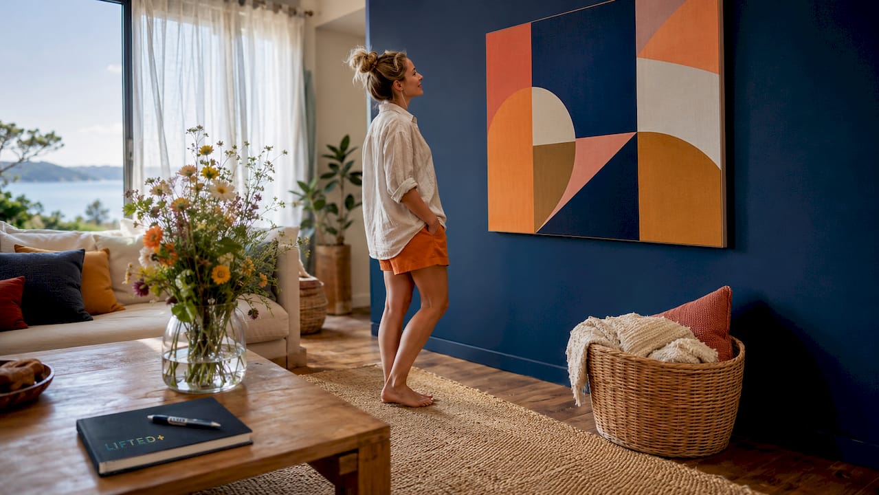 Woman hanging colourful abstract canvas in living room