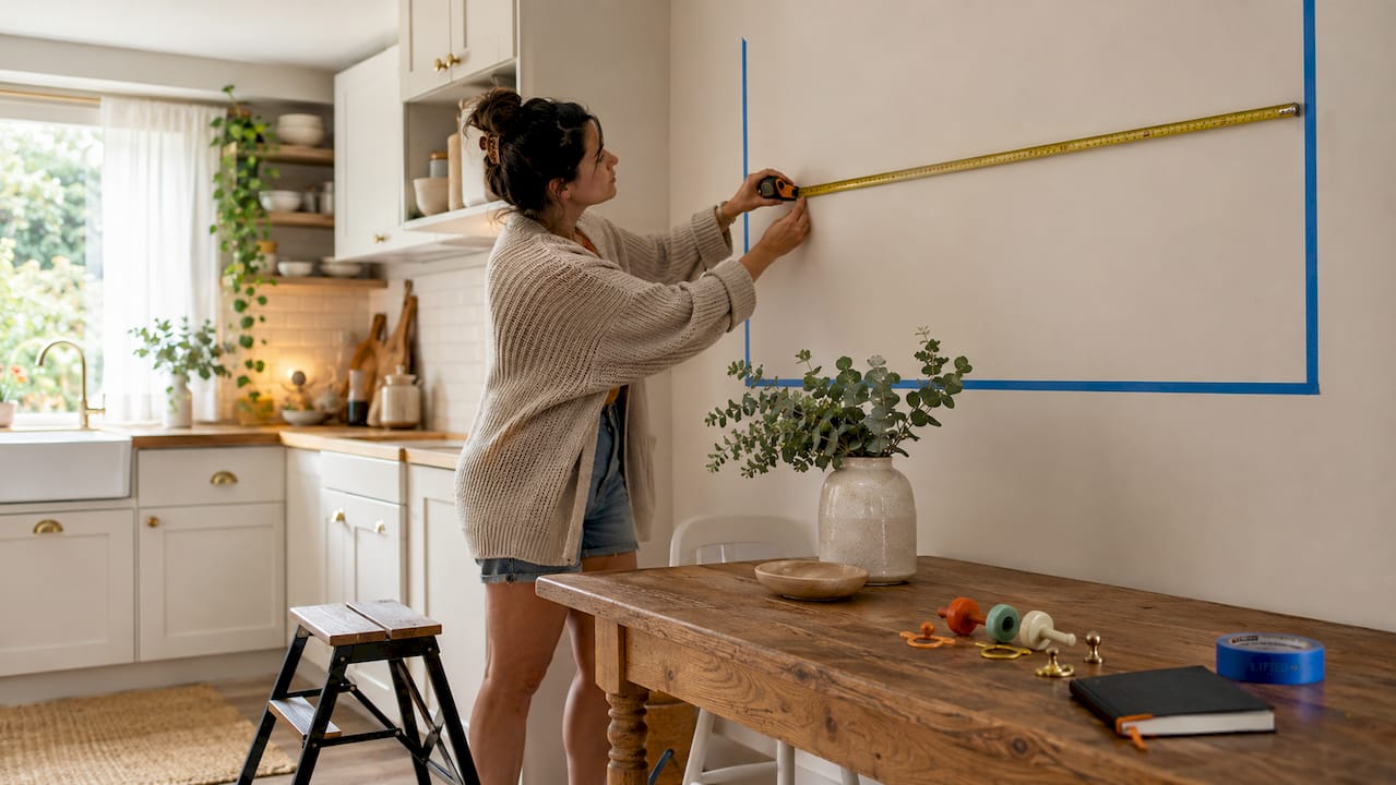 Woman measuring wall for oversized art above sofa