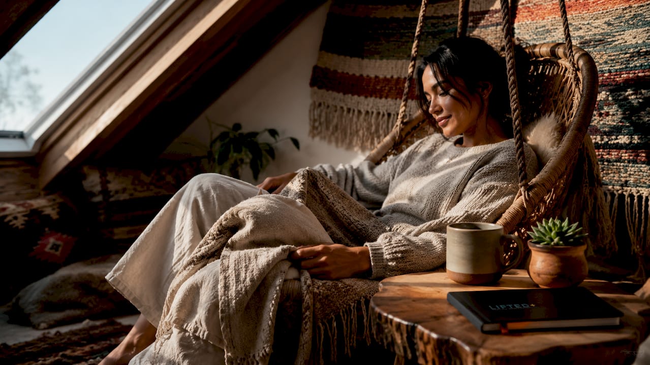 Person touching textured bouclé throw in living room