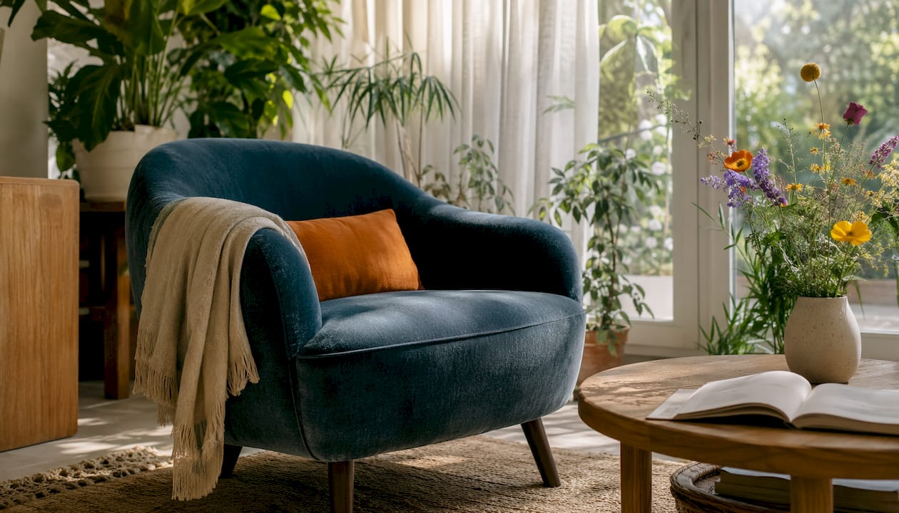 Accent furniture: what it is and how renters can use it 2 Teal velvet accent chair with side table and vase in natural light