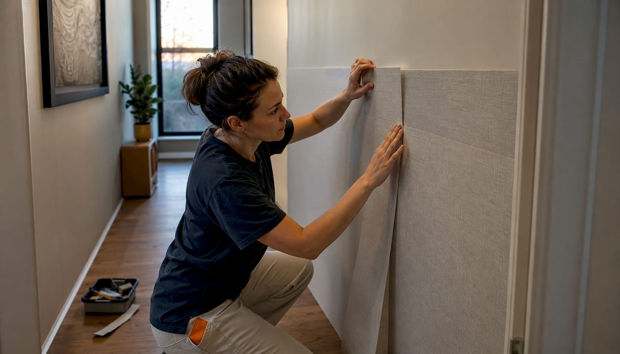 Modern home decor examples for renters in 2026 2 Hands installing linen-look wall panels in hallway