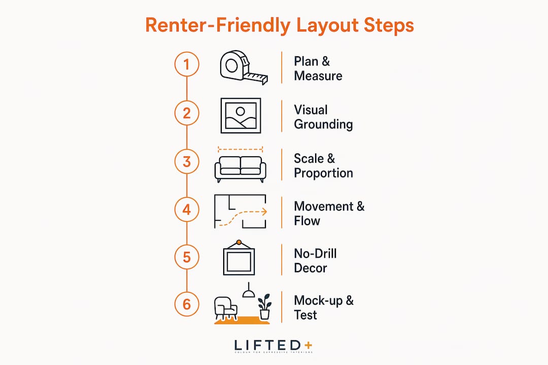 How to arrange furniture artfully: renter-friendly layouts 3 Infographic illustrating renter-friendly furniture layout steps