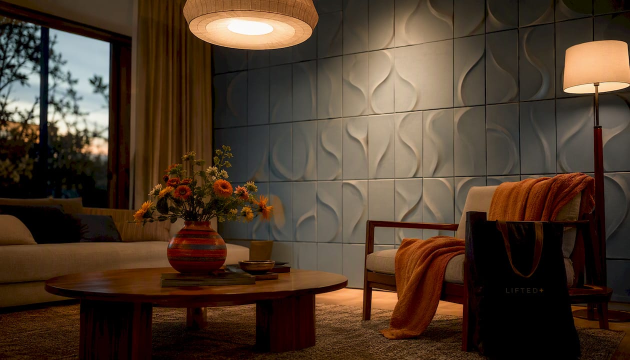 How to transform living spaces without drilling a hole 3 Living room with styled no-drill wall panel and lighting