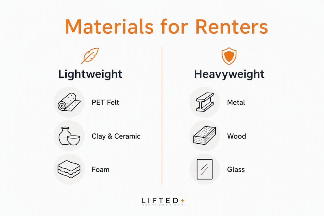 Top sculptural wall art for renters: no-drill feature walls 3 Infographic comparing lightweight and heavyweight wall art materials
