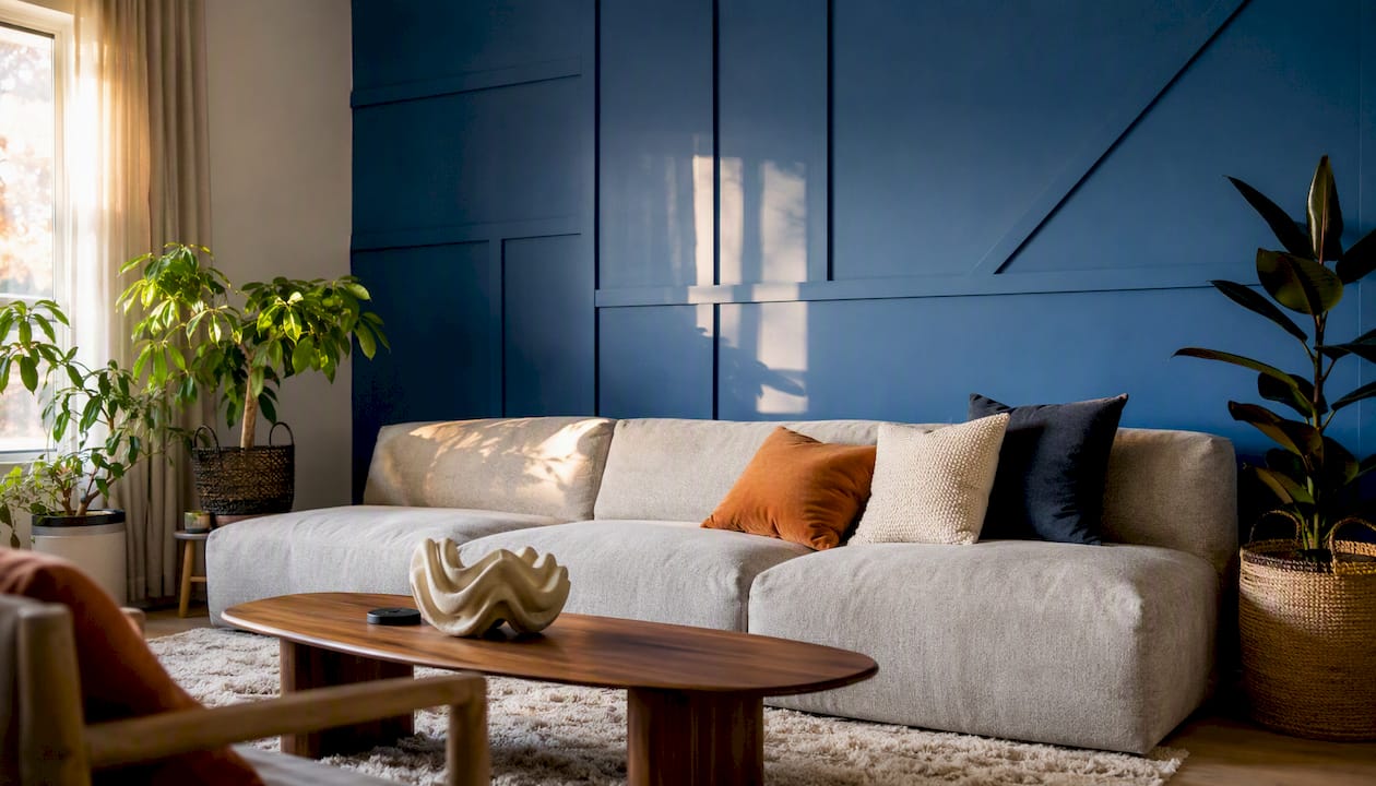 Colour blocking wall panels: bold, no-drill feature walls 2 Living room with terracotta colour block wall panels