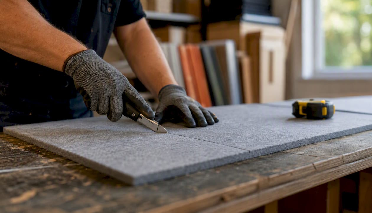 PET felt explained: material, acoustics and design uses 3 Gloved hands scoring PET felt panel with knife