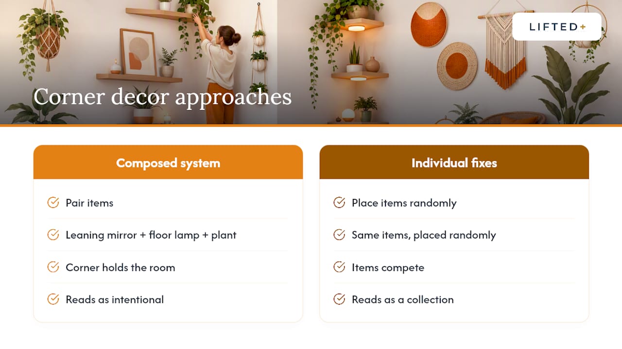 Corner wall decor for renters: no-drill, landlord-friendly ideas 4 Comparison chart of corner decor approaches