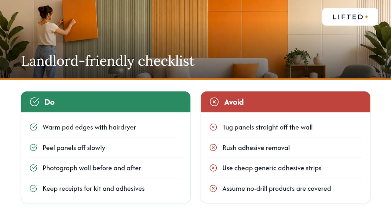 Colour blocking without paint, using no-drill wall panels 3 Removal, reuse and a landlord-friendly checklist — overview diagram
