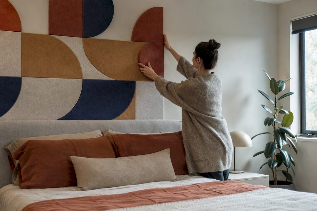 Hands installing modular colorful statement wall panels
