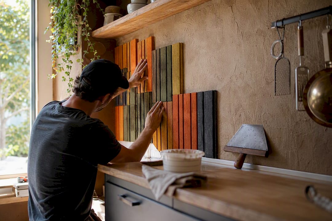Hands pressing felt panel on textured wall