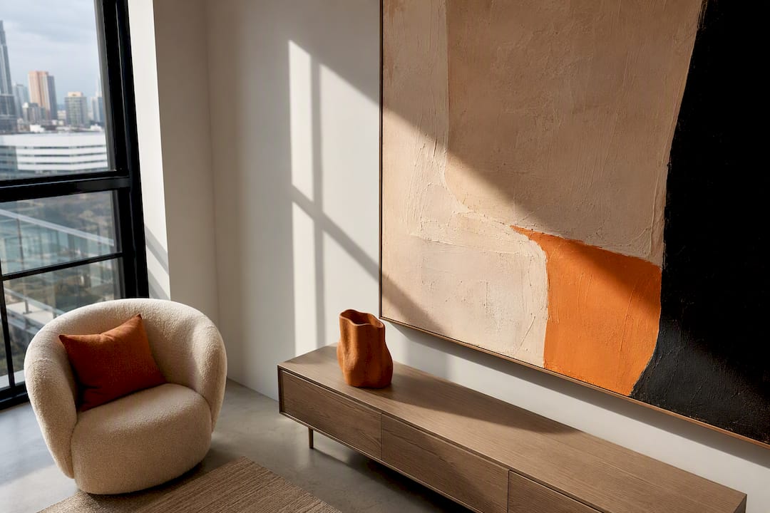 Texture First Rental Fix for White Box Apartments Without Drilling 2 Oversized artwork anchoring a small apartment wall