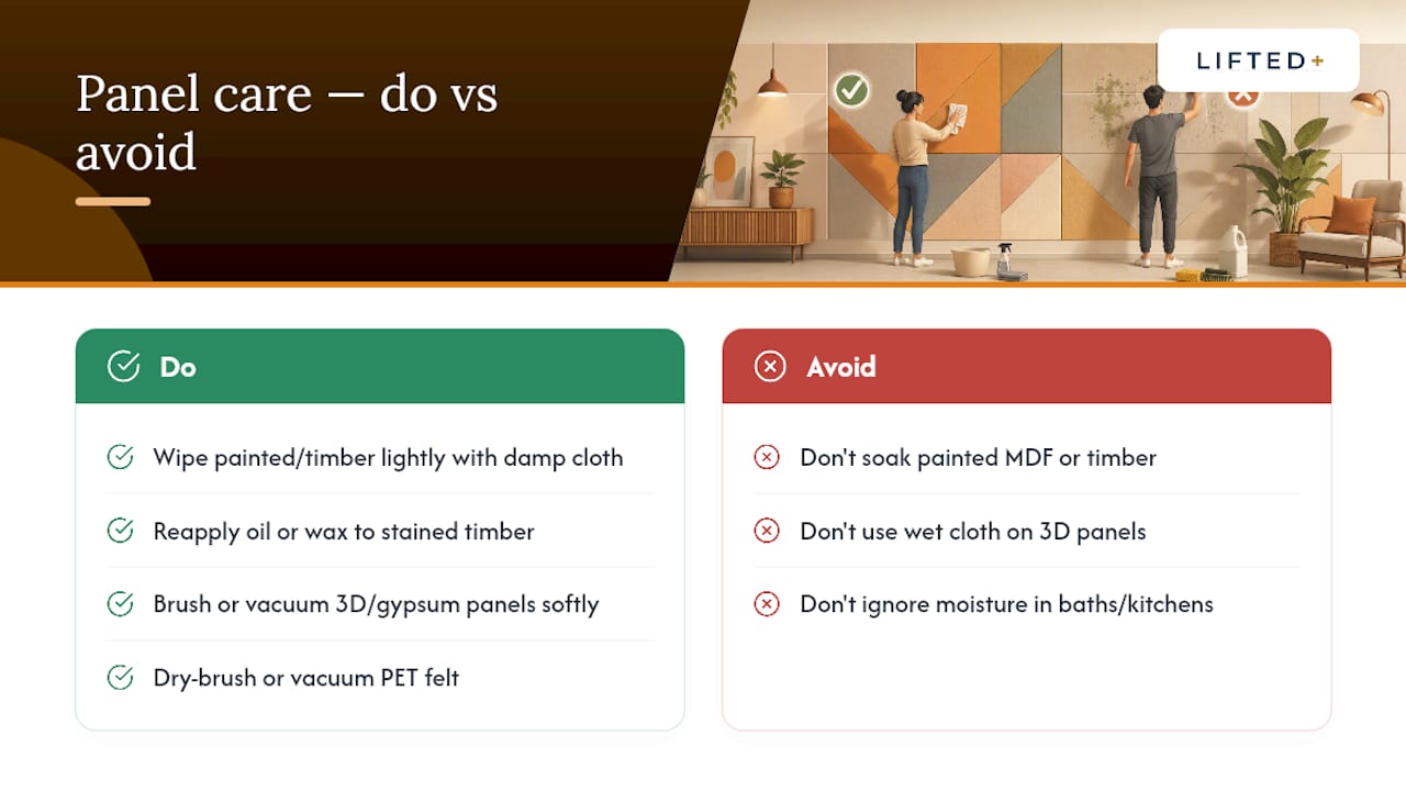 Renters: color led modular wall panel patterns installed in a weekend 3 How do you maintain different wall panel materials? — overview diagram