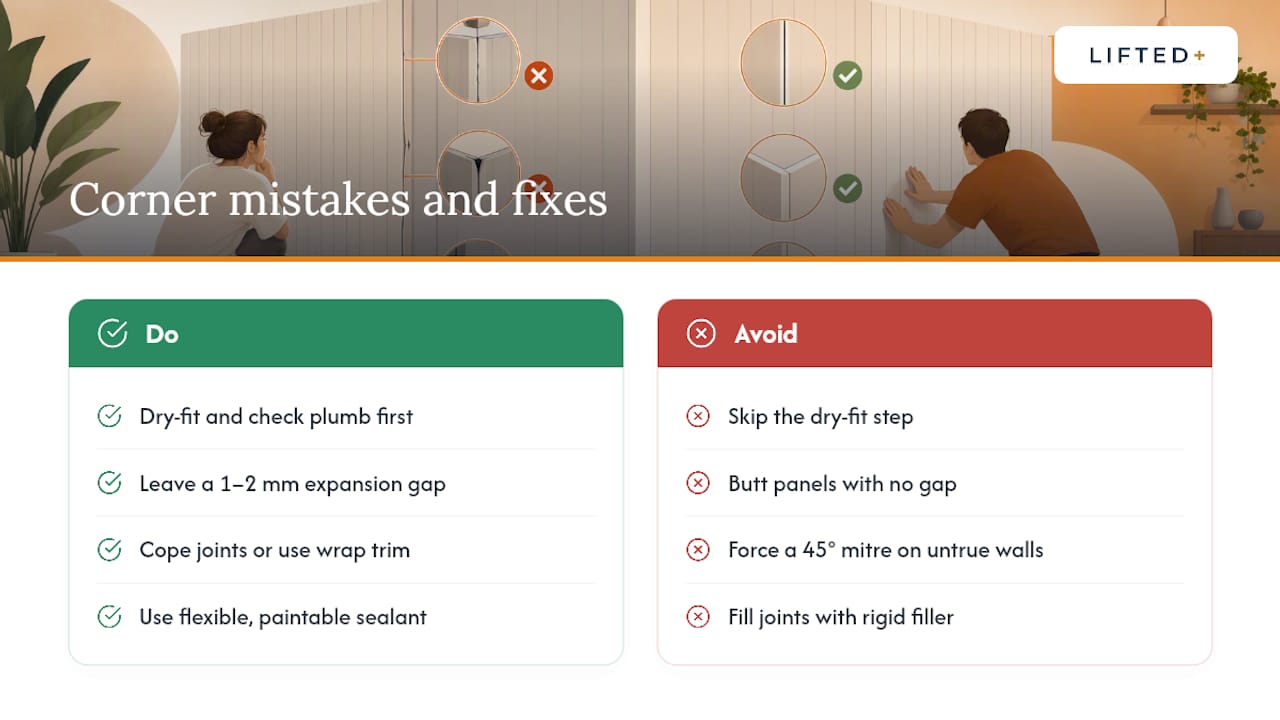 No drill wall panel corners for renters: 1–2mm gap, 20mm V groove 3 Five corner installation mistakes and fixes