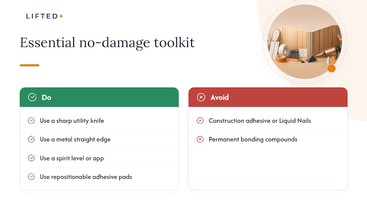 No drill wall panel corners for renters: 1–2mm gap, 20mm V groove 2 What tools actually make a no-damage install possible? — overview diagram