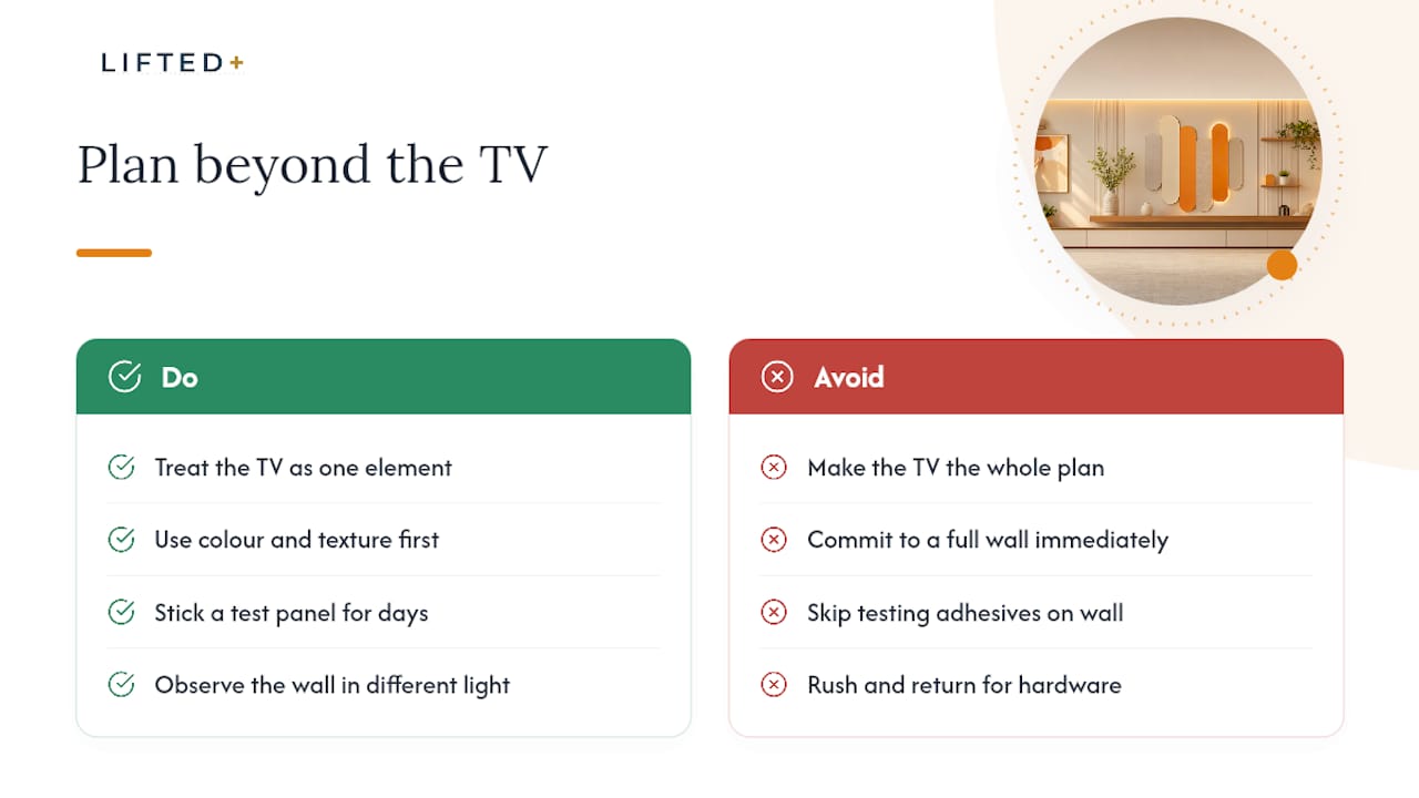 No drilling: 12 color led TV wall background ideas for renters 3 Why the TV should never be the whole plan — overview diagram