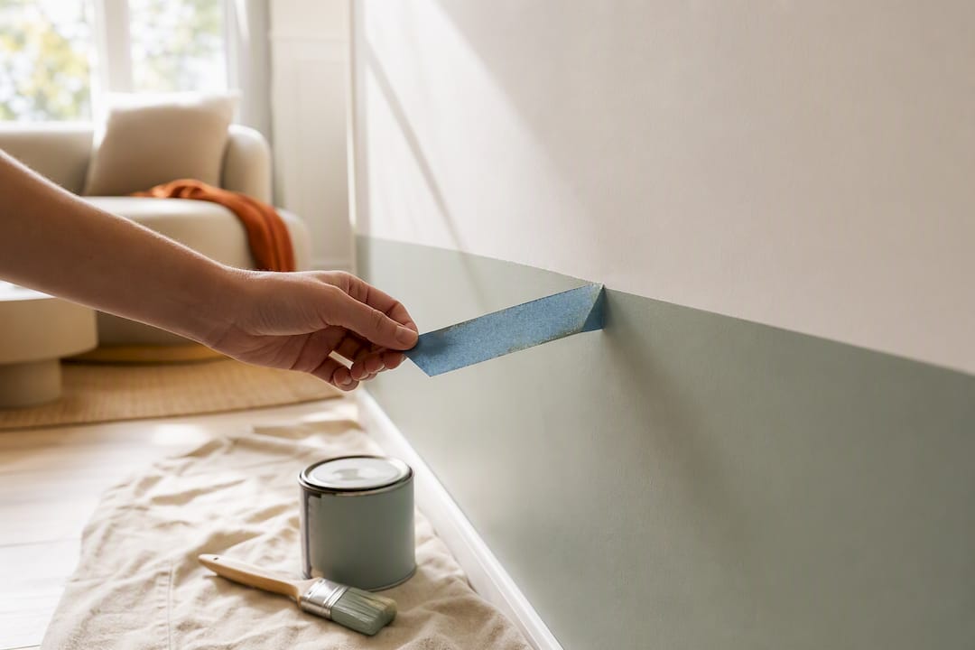 Weekend Color Blocking Decor for Renters: Paint or No Drill Panels 2 Hand removing painter’s tape from painted wall
