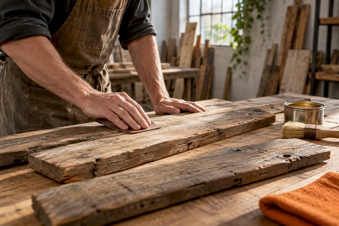 13 renter safe eco wall decor ideas: removable, no drill 2 Hands sanding reclaimed timber boards