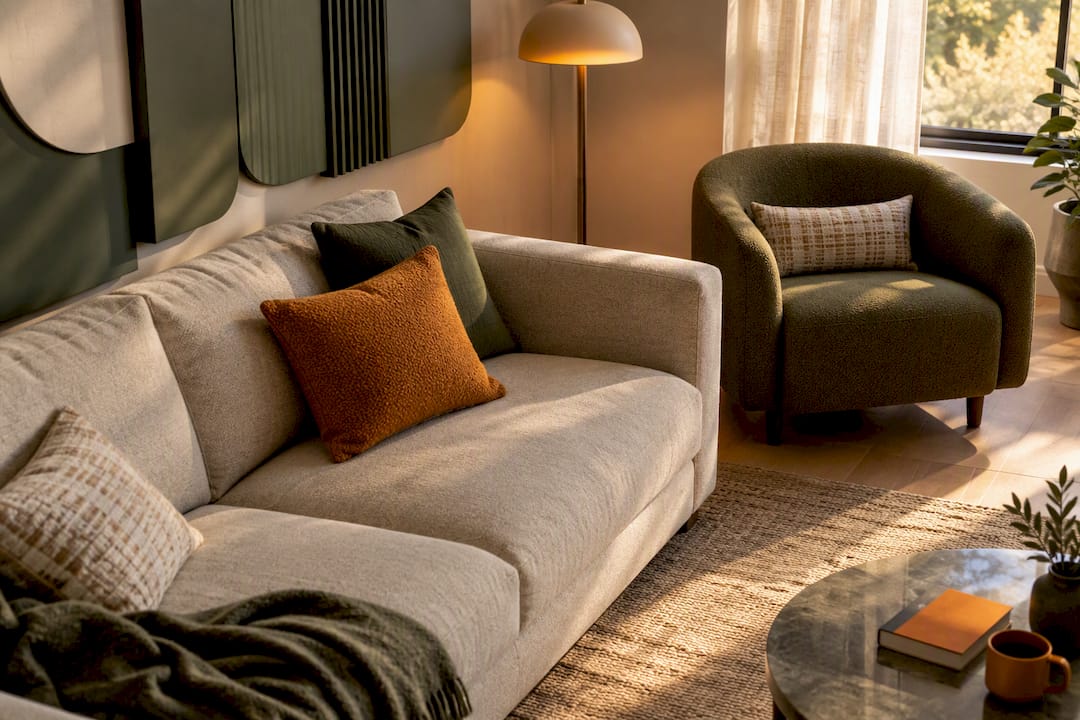 60 to 75% Art Width Over a Sofa and No Drill Removable Panels 3 Colourful wall arrangement coordinated with furnishings