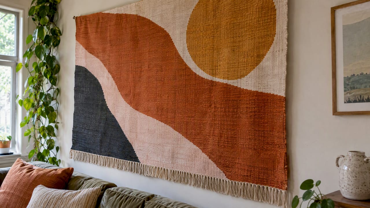 One Large Anchor Helps NZ Renters Add Color Without Paint 2 Bold woven wall textile beside framed art