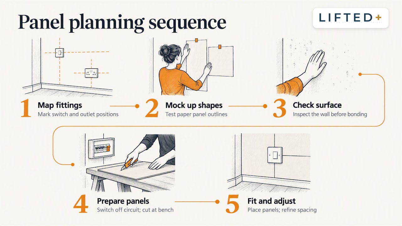 Panels Around Switches: A Clean, No-Drill Approach 3 Sequence for planning panels around wall fittings