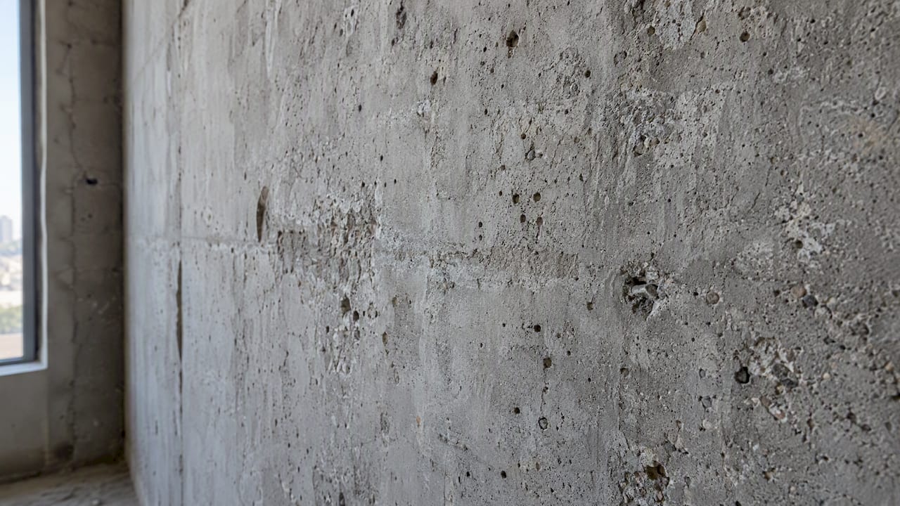 Panels on Concrete Walls: What Works Without Drilling 2 Close detail of chalky pitted concrete