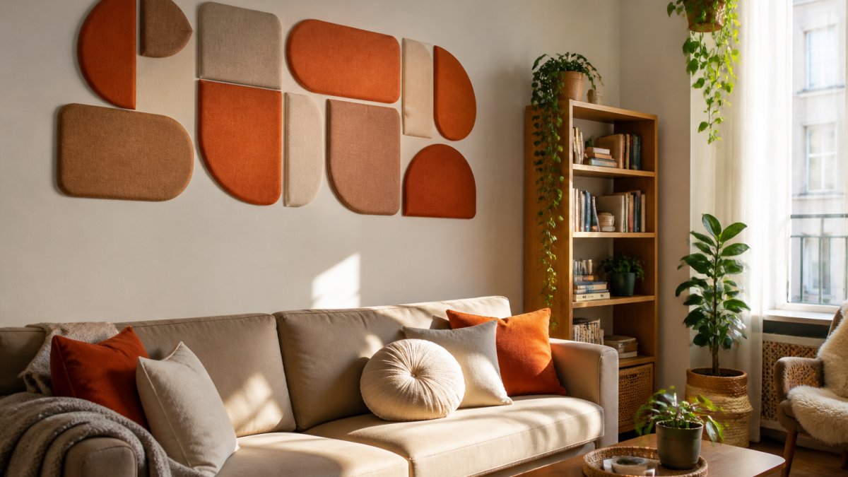 Best Modular Wall Decor for Apartments: 7 Top Picks 2 A bright small apartment living room with a modular felt wall panel arrangement in warm tones above a low sofa, natural light streaming in, plants and a bookshelf nearby