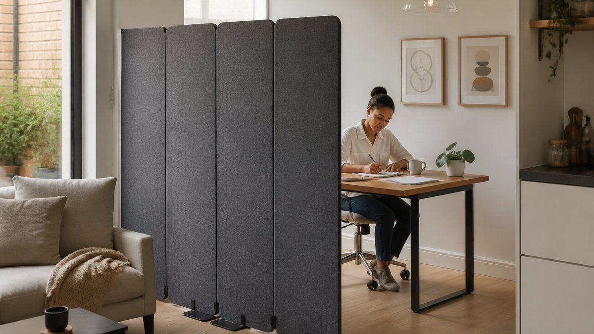 How to Fit Temporary Wall Panels for Apartments 2 A professional working at a desk behind modular temporary wall panels in a modern open-plan apartment.