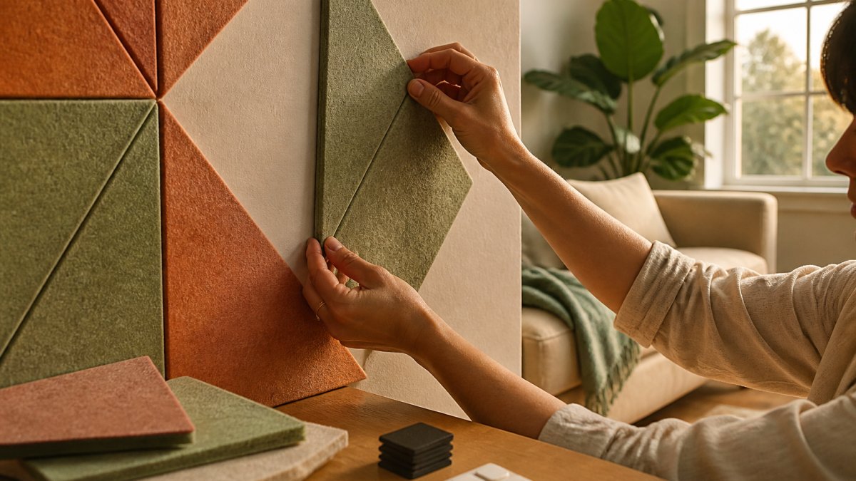 Is Sustainable Home Decor for Small Apartments Worth It? 2 A bright small apartment living room with a feature wall covered in geometric recycled felt panels in warm terracotta and sage tones, a low sofa and a potted plant in the corner, natural light from a large window