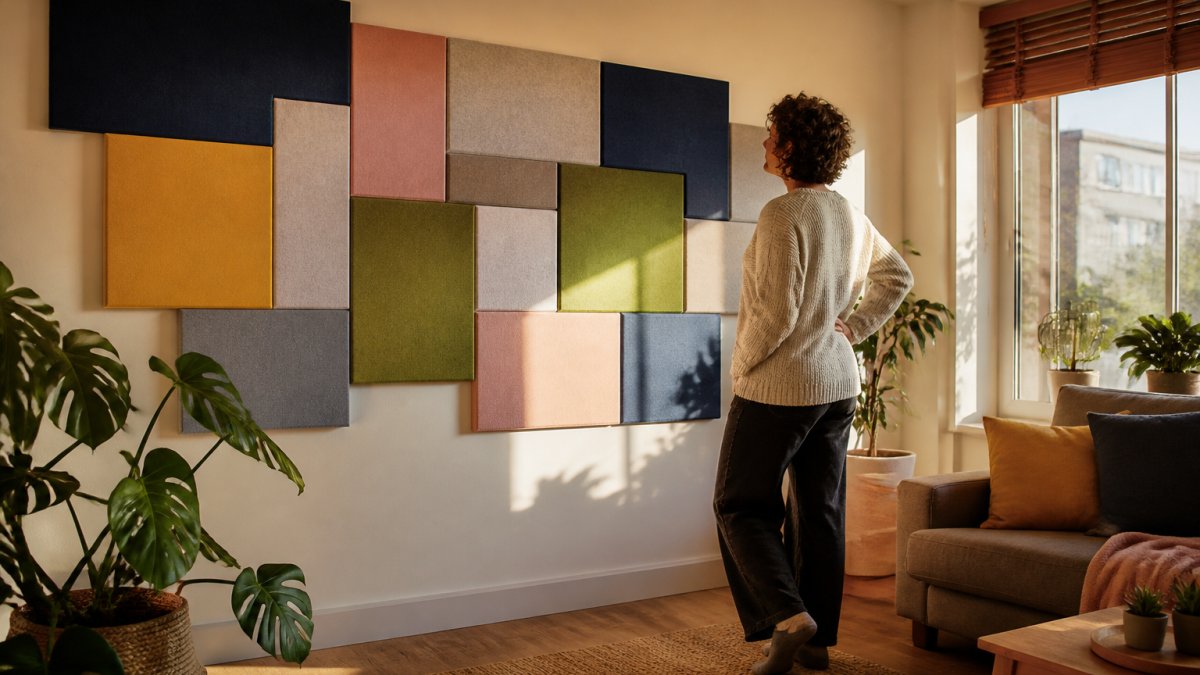 Order Custom Felt Wall Panels: A Complete Guide 2 A bright apartment living room with a feature wall of colourful rectangular felt panels arranged in a staggered pattern, a person stepping back to check the alignment, sofa and plant in frame
